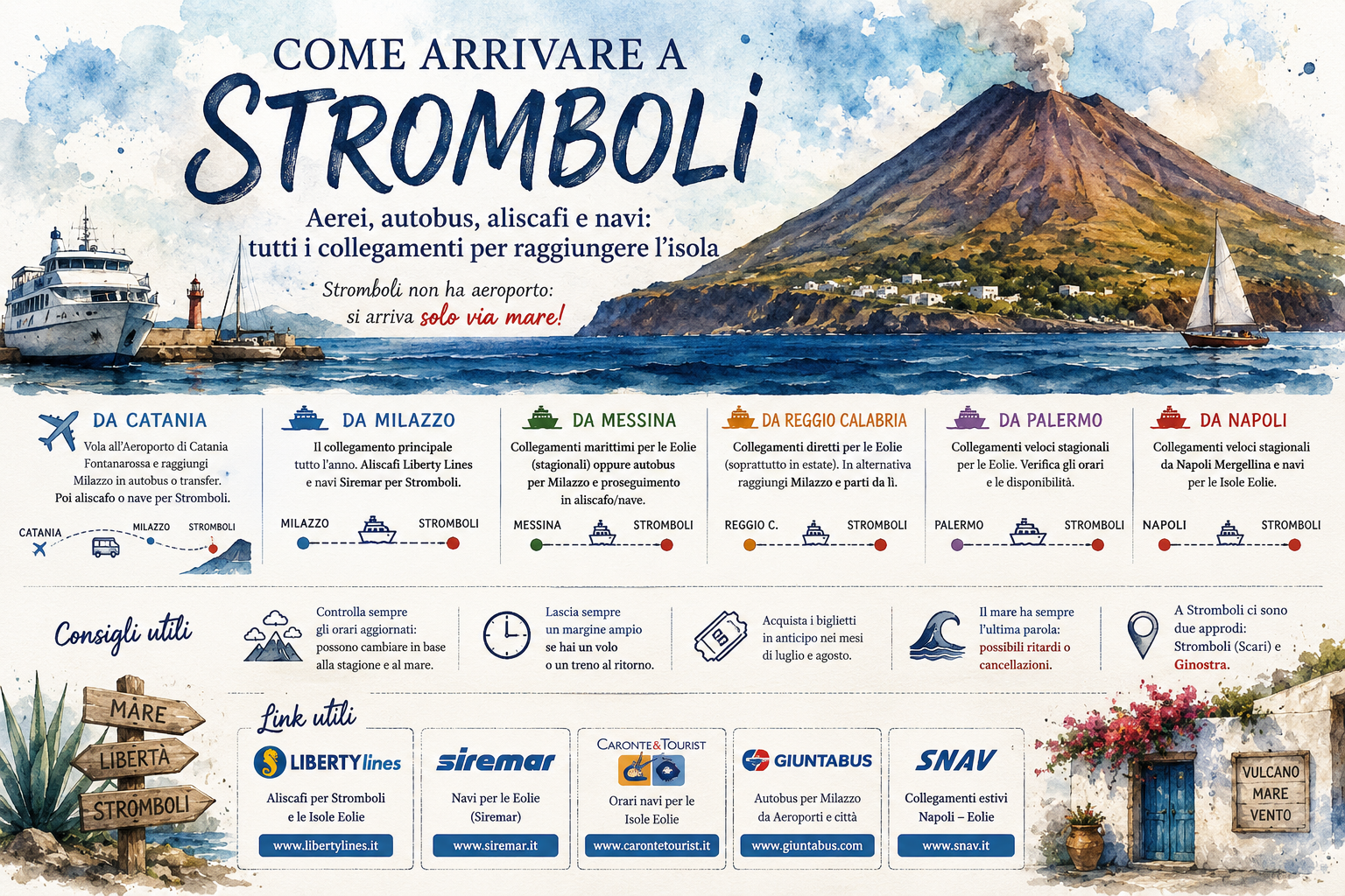 Come arrivare a Stromboli: guida ai collegamenti in aereo, autobus, aliscafo e nave da Catania, Milazzo, Messina, Reggio Calabria, Palermo e Napoli.